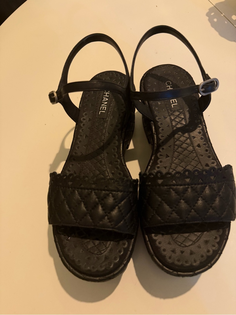 CHANEL Black Quilted Leather Open-Toe Slingback Sandals
